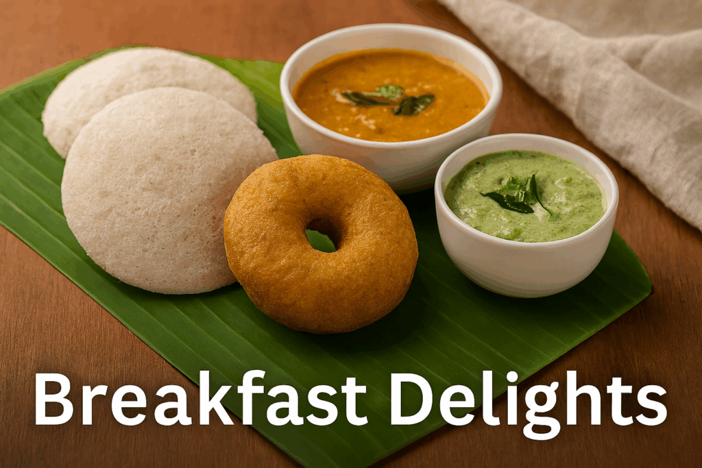 Breakfast Delights Idli – Soft, fluffy steamed rice cakes that are light and healthy. Dosa – Crispy rice crepes, perfect with chutney and sambar. Upma – A savory semolina dish with veggies and spices. Pongal – Comforting rice and lentil dish seasoned with pepper and ghee. Pesarattu – Green gram dosa, nutritious and protein-rich.